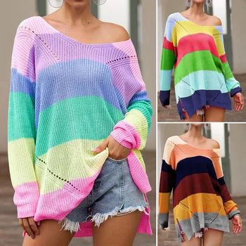 

Women Rainbow Sweater V Collar Long Sleeve Sweater Casual Loose Streetwear H9