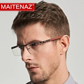 

MAITENAZ Ultralight Pure Titanium Wood Eyeglasses Frame Business Luxury for Men Half Spectacle Frame High Quality 3 Colors C918