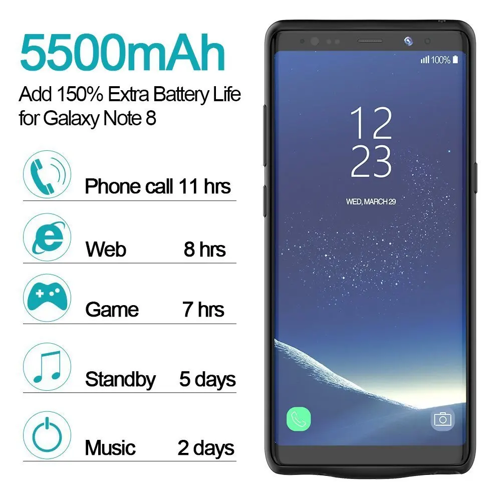 

External Back Power Bank Battery Portable Charger Charging Adapter Case Cover for Samsung Galaxy Note 8 With USB Cable
