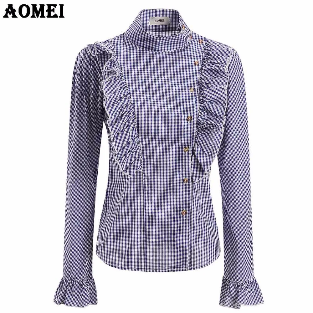 Retro Checkered Modest Blouse Peplum Tops for Women