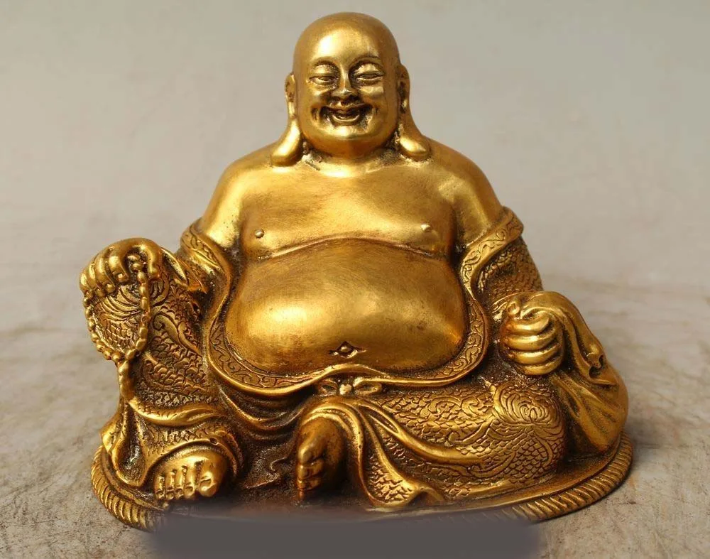 

4" Chinese Buddhism Bronze Gild Seat Happy Laugh Maitreya Buddha Statue Sculptur