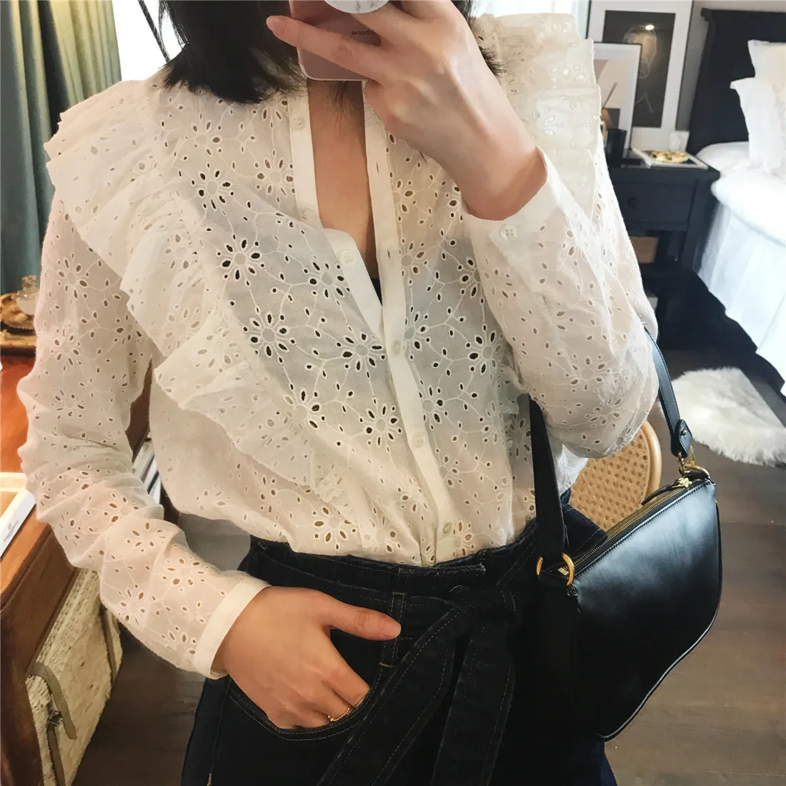 

Women Shirt 2019 White Barley Madeira Embroidered Cutout Embroidered Shirt