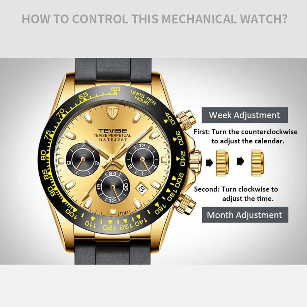 Новые модные TEVISE золотые черные Автоматические Мужские часы механические часы мужские силиконовые многофункциональные спортивные часы Relogio Masculino