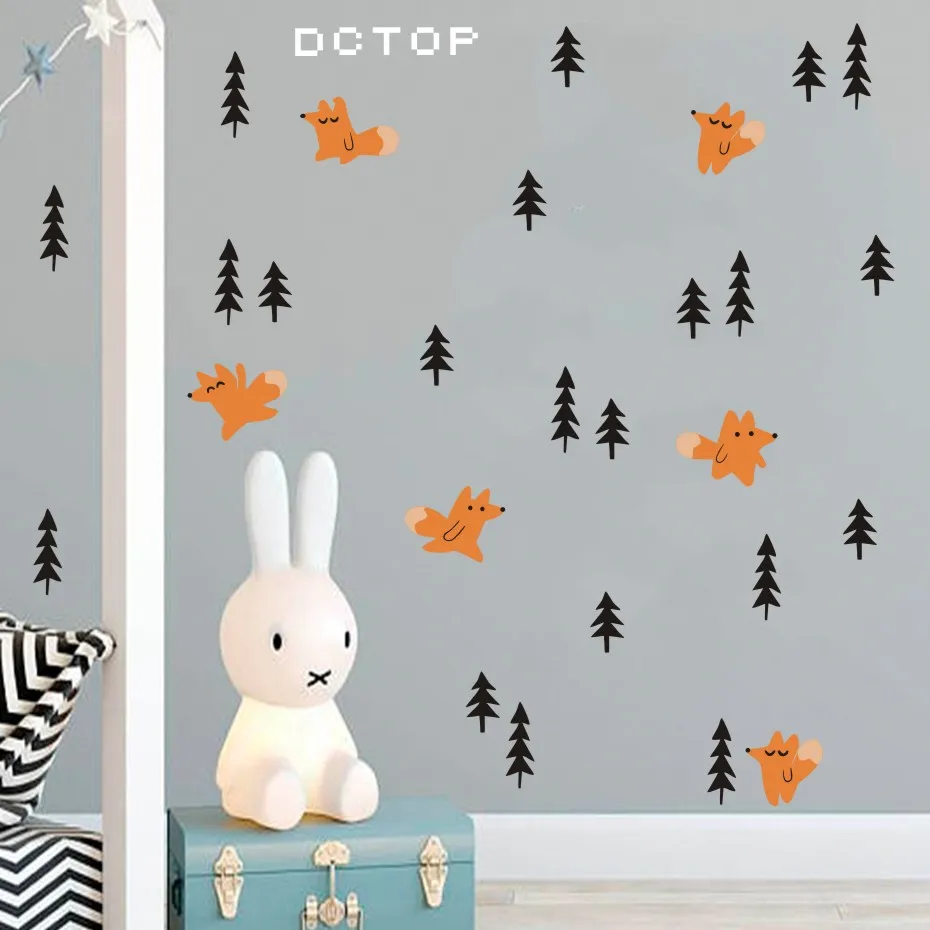 

Foxes And Pine Trees Sticker On The Wall Woodland Animals Decals For Kids Bedroom Nursery Room Removable Wallpaper Art Home Deco
