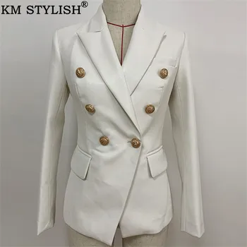 

2019 New Women's High Quality PU Leather White Blazers Autumn and winter Golden metal buckle Double-breasted Slim Leather bla