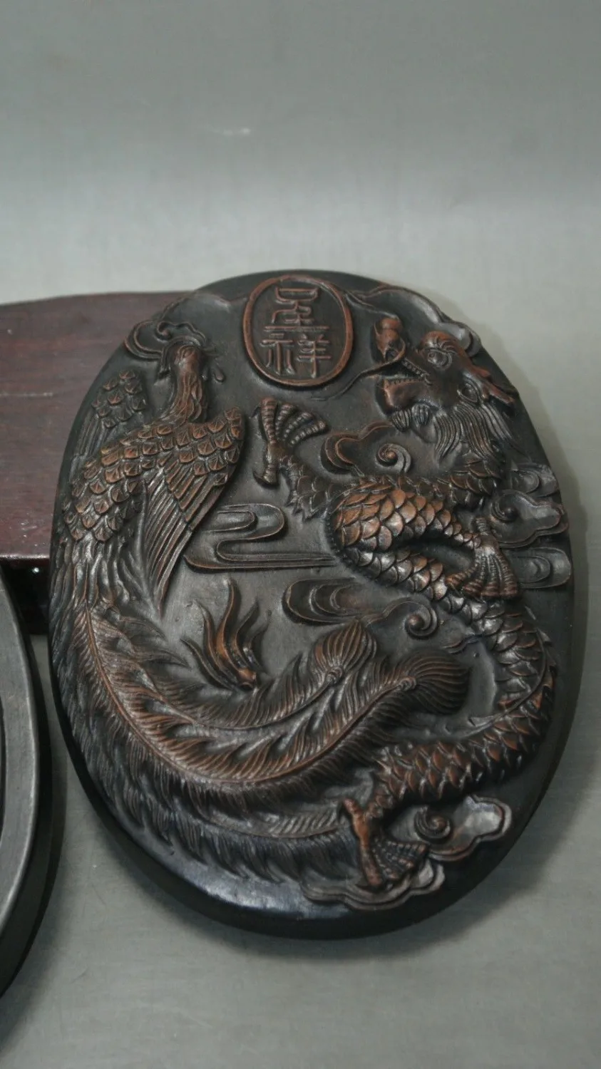 Прекрасный Китайский Старый ва Ши камень Inkstone с изысканной резьбой дракон феникс
