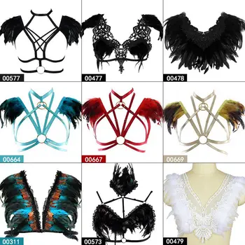 

Feathers Harness Bra Black Shoulder Epaulette Women Strappy Top Cage Lingerie Lace Sexy See Through Punk Goth Art Clothing