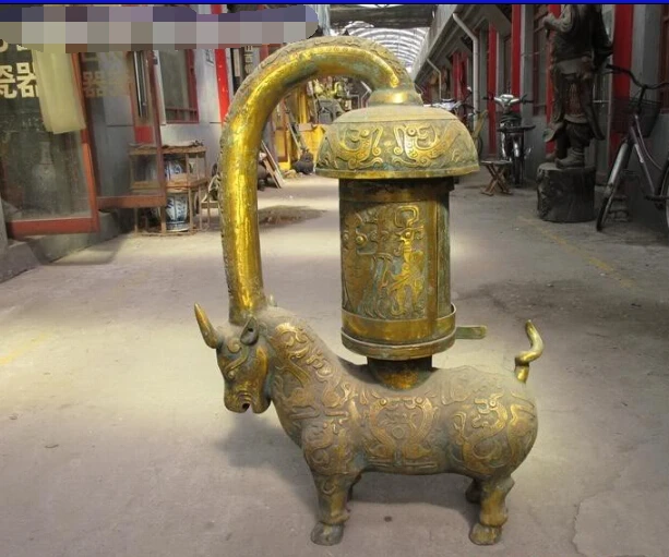 

huge China Royal Classical Bronze Gild Bull Ox Zun palace lantern statue