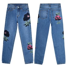 ROWI вышивка высокая талия винтажные джинсы женские свободные прямые джинсы женские 3D цветы брюки синие