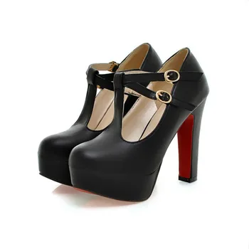 

Women Platform Pumps Super High Heels Shoes Woman Leather Red Bottom Shoes Round Toed T-belt Big Size 42 43 Women Wedding Shoes