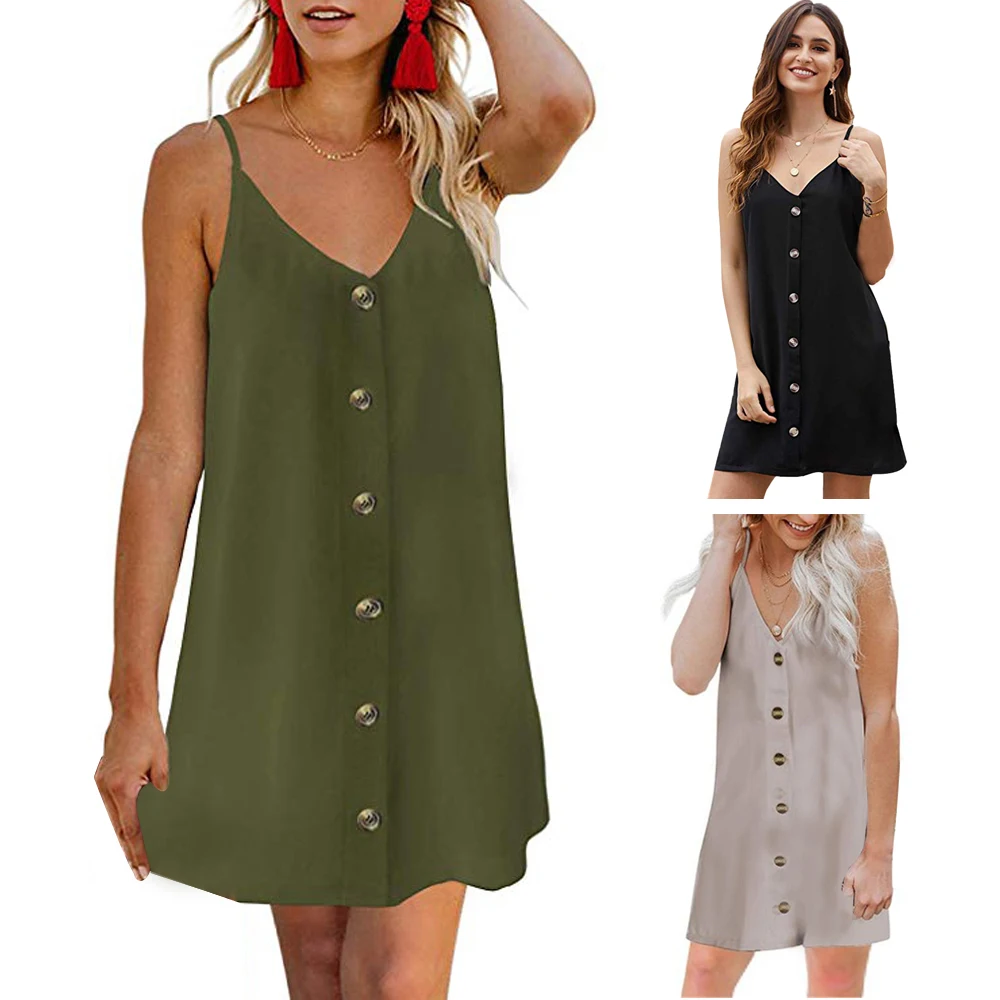 

2019 New Arrival Women Dress Spaghetti Strap Loose Vestidos Button Summer Sleeveless Causal Sundress Casual Beach Mini Dress