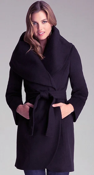 Зимнее женское пальто с большим воротником Shawol с длинным рукавом, тонкое длинное шерстяное пальто с поясом, элегантное шерстяное пальто, куртка AFF469 - Цвет: Black