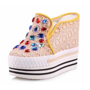 

Hot Ladies Closed Toe Women Slipper Lace Flower Luxury Handmade Beading Casual Half Slippers Platform Hidden Wedges Slides Shoes