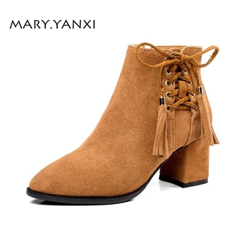 

Winter Spring Autumn Women Flock Plus Size Shoes Ankle Chelsea Boots Genuine Leather Square Heels Pointed Toe Zipper Lace-up