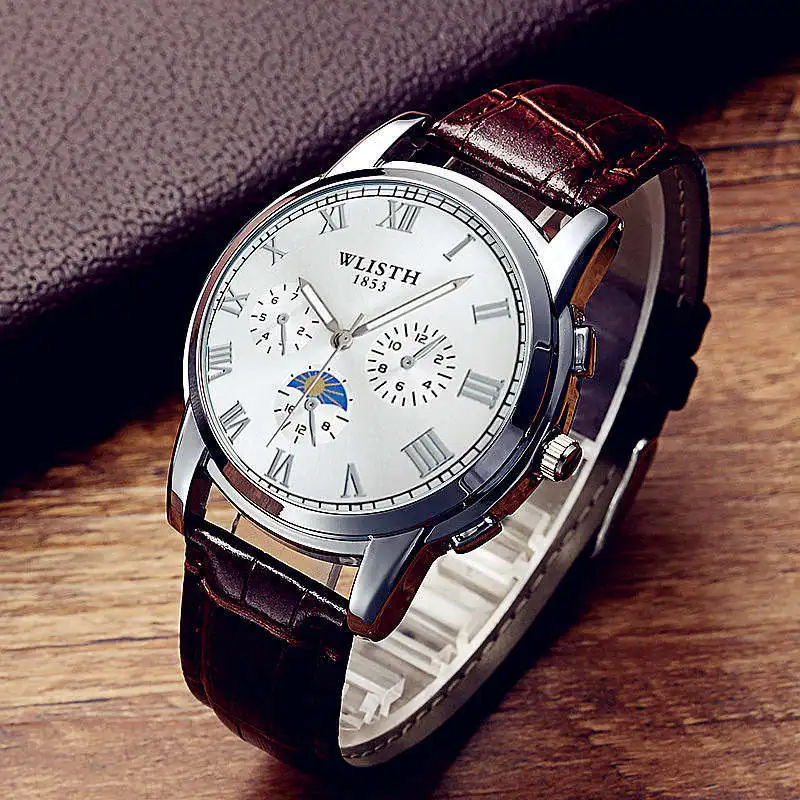 WLISTH мужские настольные спортивные светящиеся водонепроницаемые наручные часы для отдыха, мужские кожаные кварцевые часы Rolex_watch - Цвет: lerther brown white5