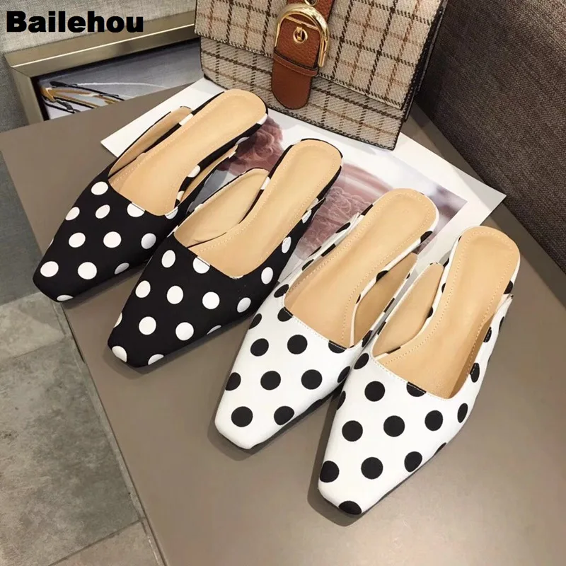 

Bailehou Women Slippers Flat Heel Mule Shoes Square Toe Shallow Slides Fashion Polka Dot Summer Shoes Flip Flops Zapatos Mujer