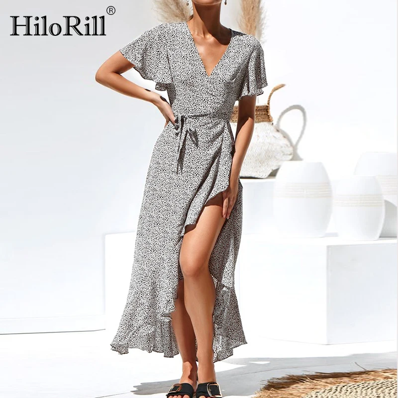 HiloRill Long Dress Women Summer Boho Floral Print Maxi Sexy Bodycon V-Neck Slit Party Elegant Ruffles Wrap Robe | Женская одежда