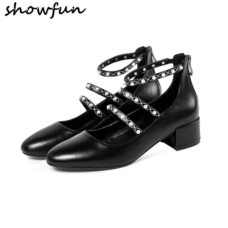 Women's genuine leather ankle strap beading mary jane pumps brand