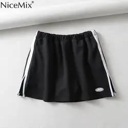 NiceMix 2019, американский стиль, женские юбки с эластичной резинкой на талии, контрастная сторона, белая полоса, повседневные Мягкие Лоскутные