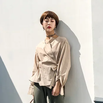 

LANMREM Fashion New summer 2020 Square Collar Square Bandage Waist Blouse Full Sleeve Casual Irregular Women's Shirt UA22904