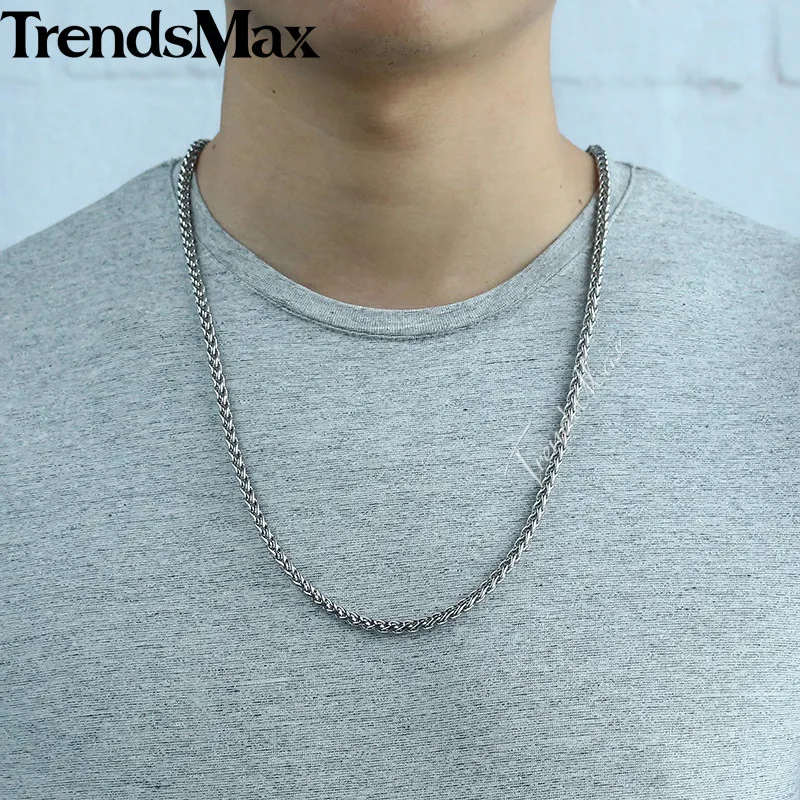 Trendsmax плетеное пшеничное звено ожерелье для мужчин из нержавеющей стали цепь серебряный цвет 3-10 мм KKNM158