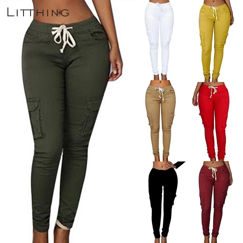 

LITTHING 2019 Spring Ladies Cargo Pants Lace up Women Casual Pencil Pants Female High Waist Pant Multi-Pocket Joggers Sweatpants