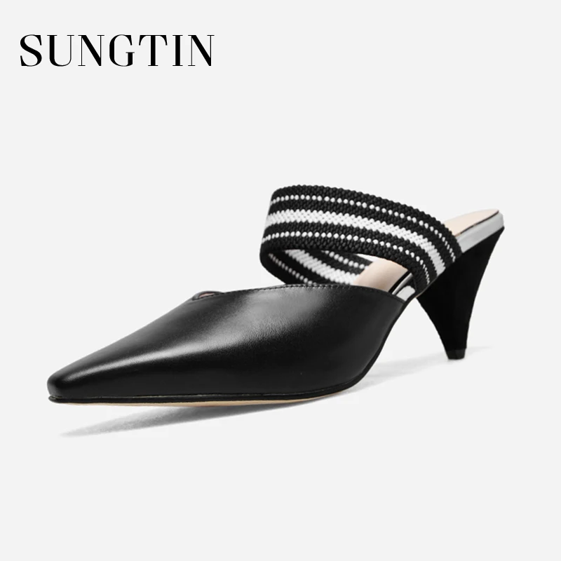 

Sungtin Handmade Genuine Leather Kitten High Heels Women Elegant Ankle-Wrap Slingback Sandals Summer Female Runway Party Shoes