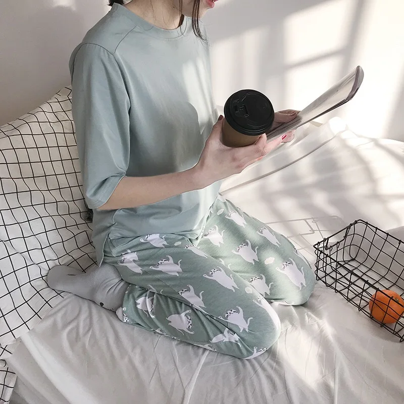 2019 новый для женщин пижамный комплект мягкий Кот мультфильм пижама с принтом домашняя пижама Женская Хлопковая пижама