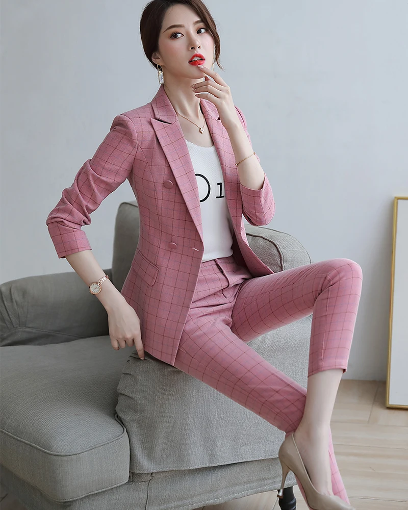 Women Pant Suit Two Pieces Set Size S-5XL Pink Brown Plaid Jacket Blazer With Plaid Trouser Sets Casual Fashion Suits