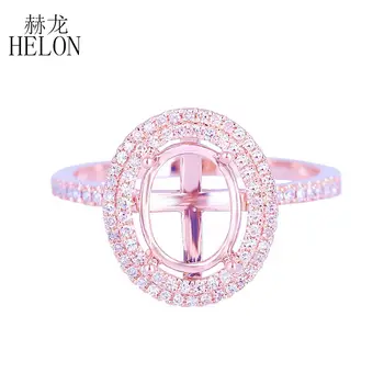 

HELON 7x9mm Oval Solid 14K Rose Gold Semi Mount Pave Real Natural Diamond Ring Fine Two Halo Engagement Ring Ladies Fine Jewelry