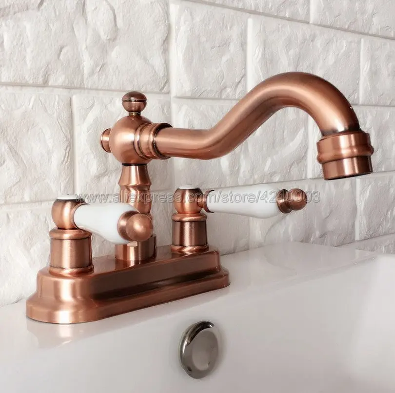 

Antique Red Copper 2 Holes Bathroom Basin Faucet Swivel Spout Sink Faucet Double Handle Vessel Sink Water Tap Mixer Krg048
