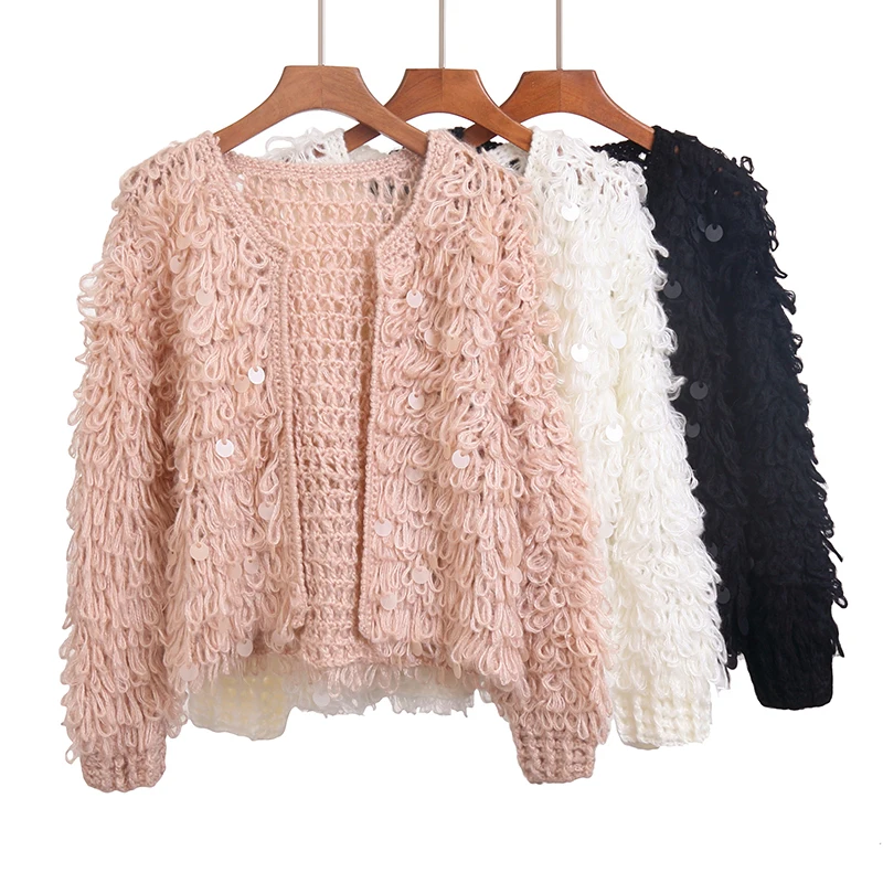 

Handmade crocheted fish-scale paillette mohair sweater female loose short design cardigan outerwear black white pink rose jacket