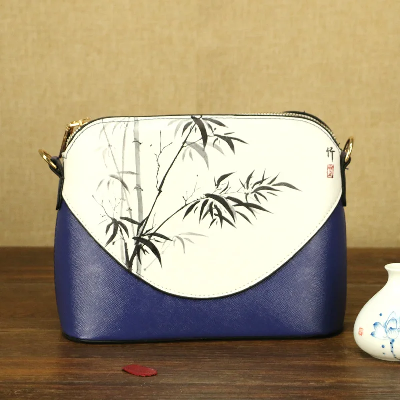 

Chinese Painting Series Women PU Leather Crossbody Shoulder Shell Bag Flower Hand Painted Elegant Ladies Small Bags Blue