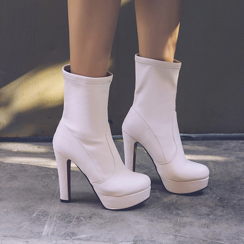 

Size 35-43 New Spring Autumn Platform Round Toe Thin High Heel Boots Fashion Leisure Lady Shoes2019