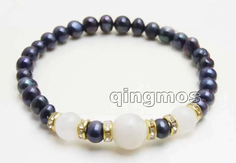 

Fashion 6-7mm Black Round Natural Pearl and 8-10mm White Moonstone 7.5'' Bracelet-bra417