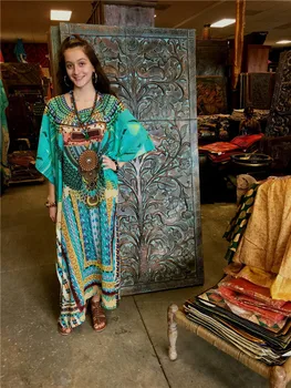 

Summer New Pattern Rayon Printing Sandy Beach Vacation Sunscreen Dress Woman