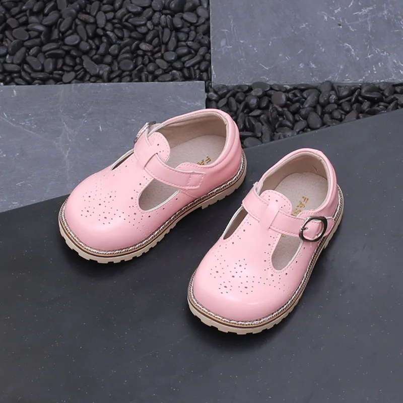 Childrens Soft-soled Leather Shoes Hollow T-shape Girls Shoes Sweet Princess Shoes Mary Jane Single Shoes Hook Loop Kids Flats