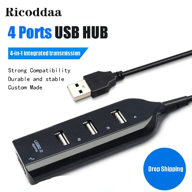 USB 2,0, высокоскоростной разветвитель с 4 портами, usb-хаб, адаптер для ПК, ноутбука, компьютера, удлинитель, портативный, для Macbook, настольный, USBFan