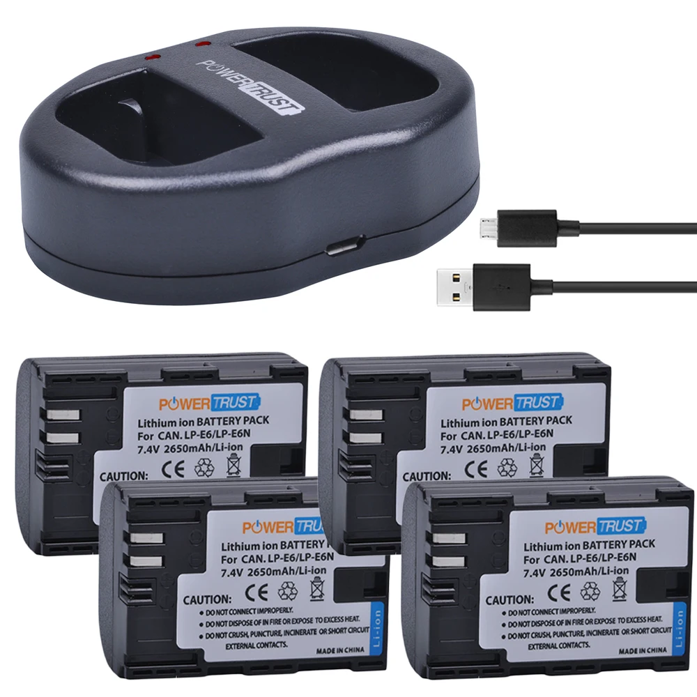 PowerTrust 4Pcs LP E6 LPE6 LP E6N Camera Batteries + USB Dual Charger