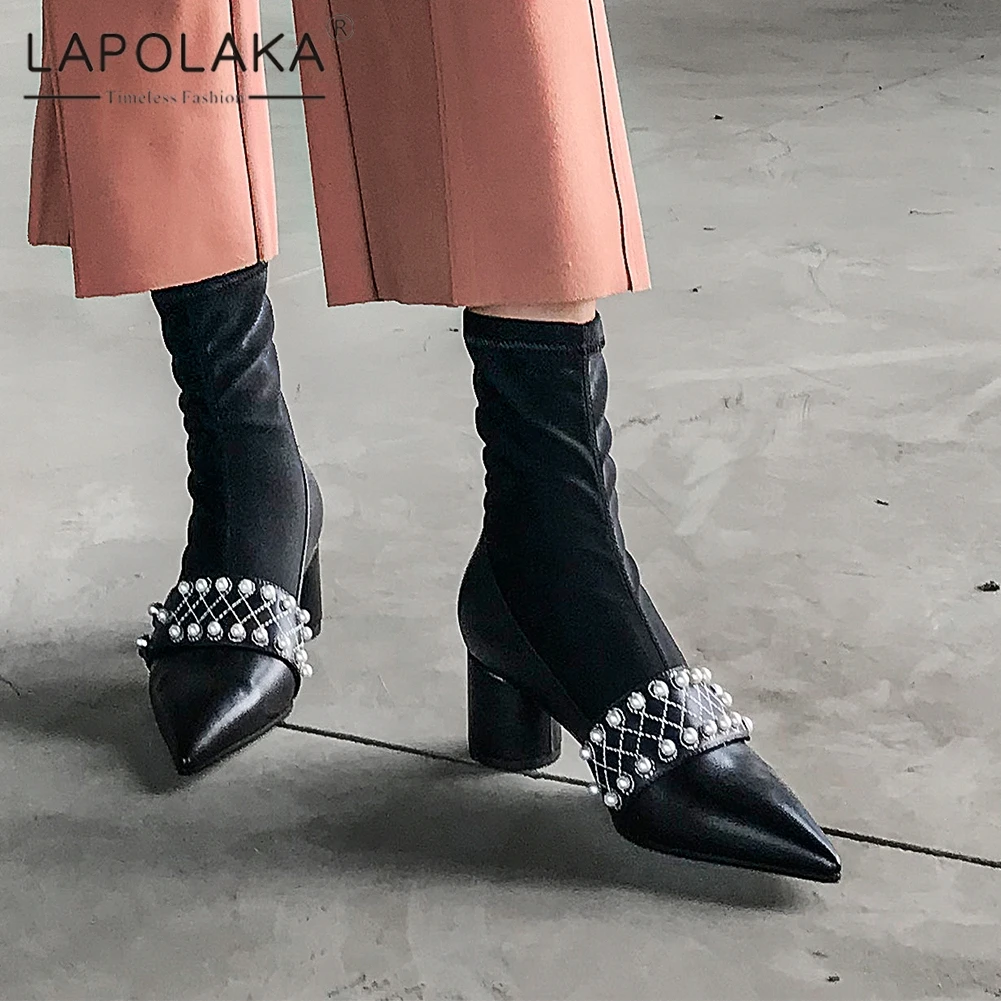 

Lapolaka Genuine Cow Leather Pointed Toe Summer Boots Woman Shoes Slip On Pearl Stretch Boots Female Shoes Woman Footwear