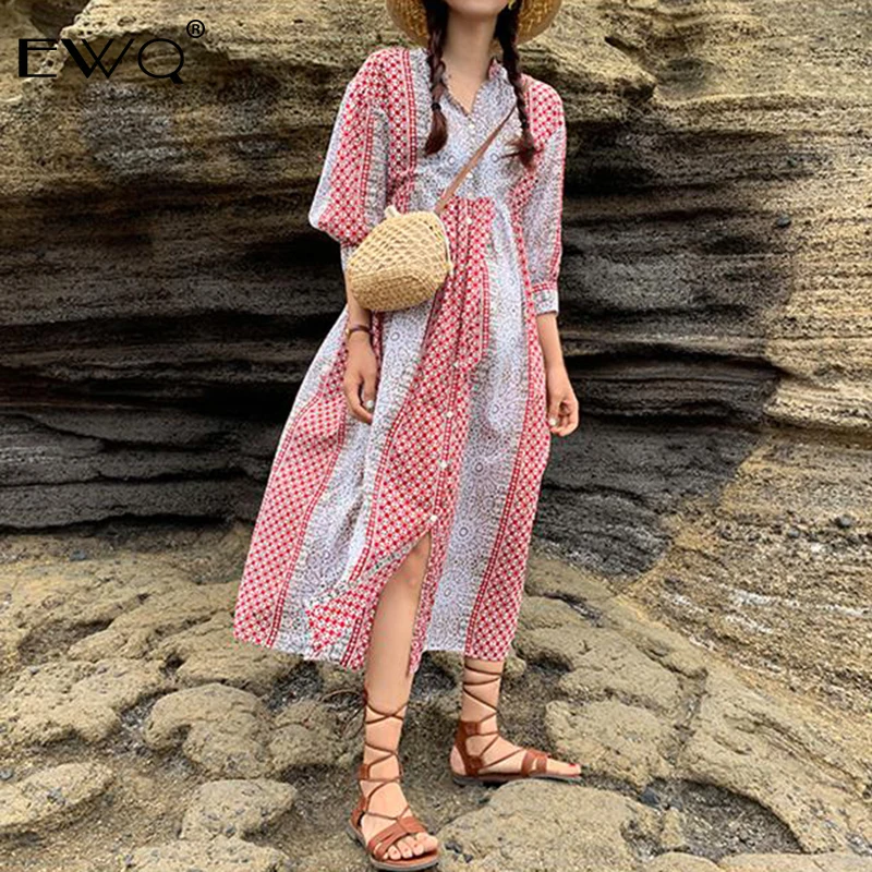 EWQ / Spring Summer 2019 Korea Style Women Half Mid-calf Lantern Sleeve O-neck Female Print Pleated Dress Tide FQ674 | Женская одежда
