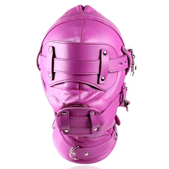 

New Fetish Red PU Leather Harness Full BDSM Bondage Totally Enclosed Hood Mask With Lock Slave Games Cosplay Festival Rave