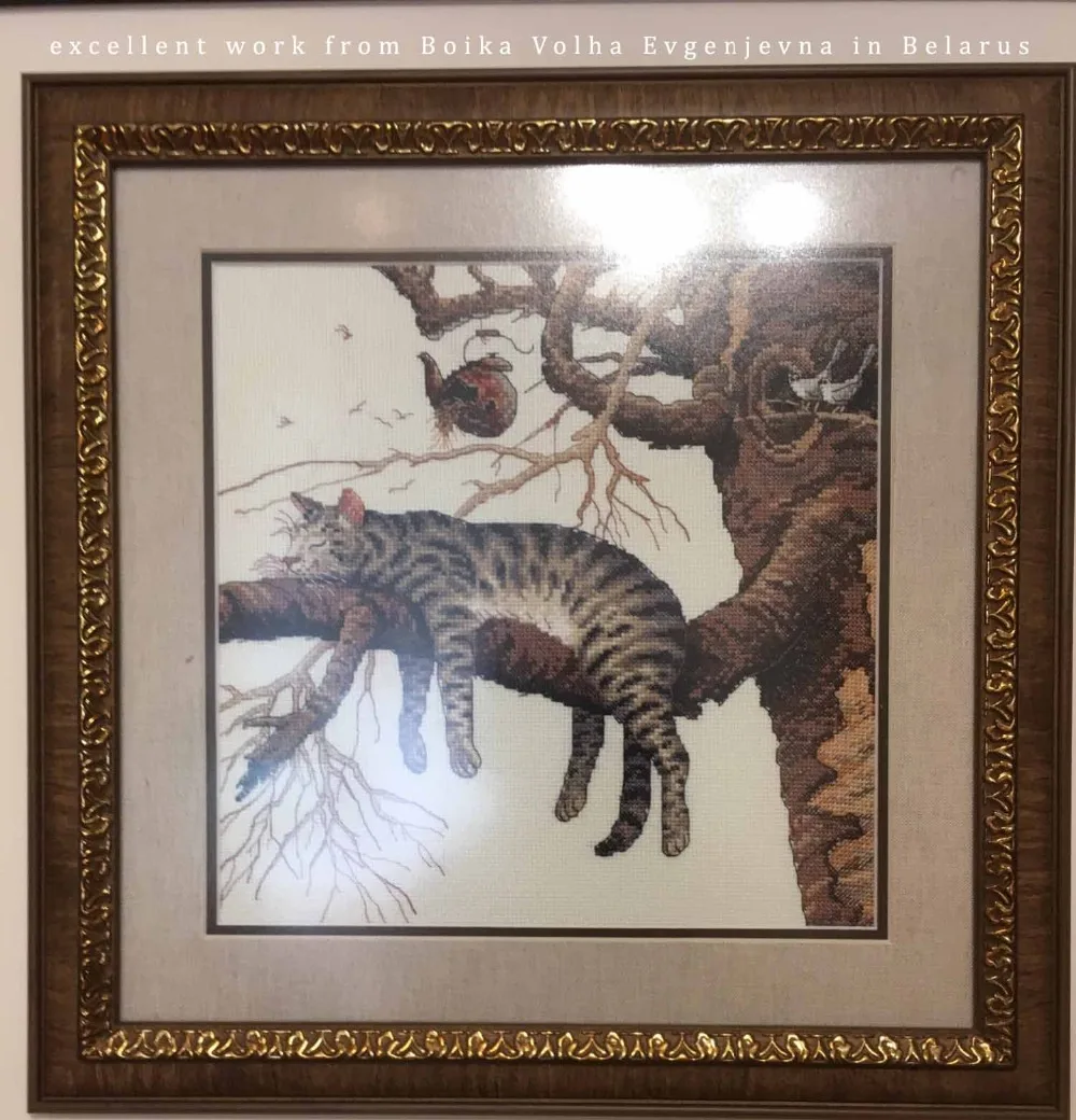 Counted Cross Stitch Kit Too Pooped Cat Kitten Sleep on the Tree Bird Nest dim 35087