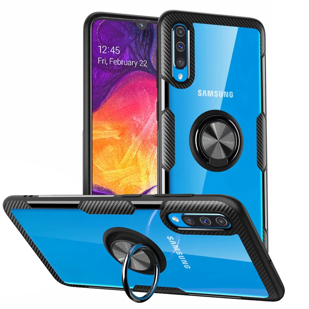 

Transparent Carbon fiber Non-slip 360 degrees metal Ring Stand Grip Shock Absorbing case for SAMSUNG GALAXY A50/A70