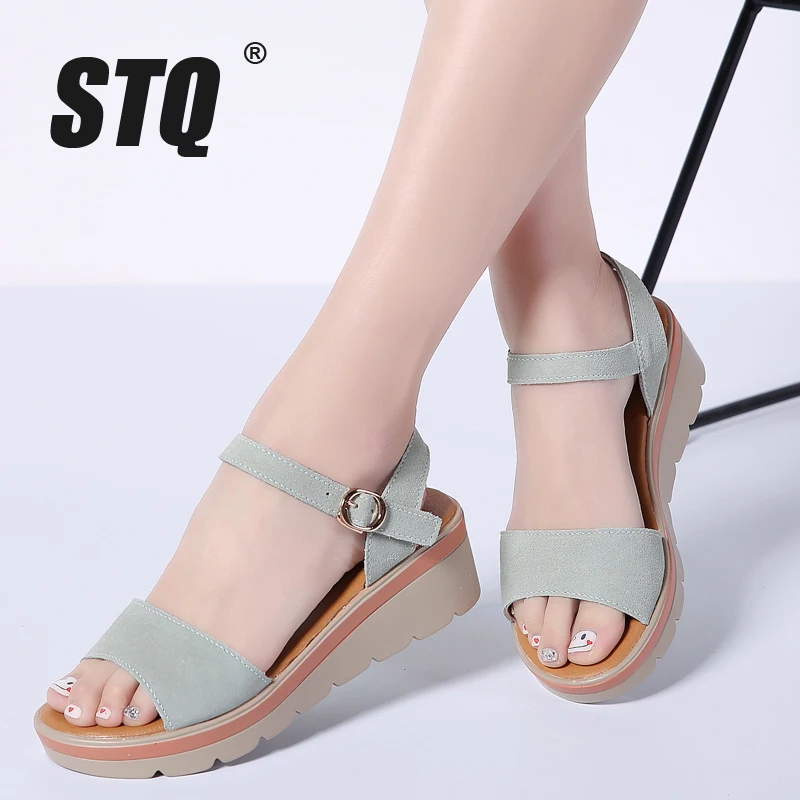 

STQ 2019 Women sandals summer suede leather thick heel wedge sandals Platform sandals ladies ankle strap flat sandals shoes 808