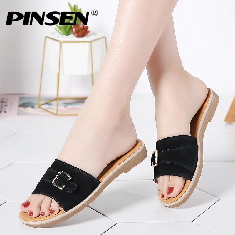 

PINSEN 2019 Summer Women Slippers Round Toe Flat Flip Flops Women Suede Leather Slides Beach Shoes Slippers Laides flip flops