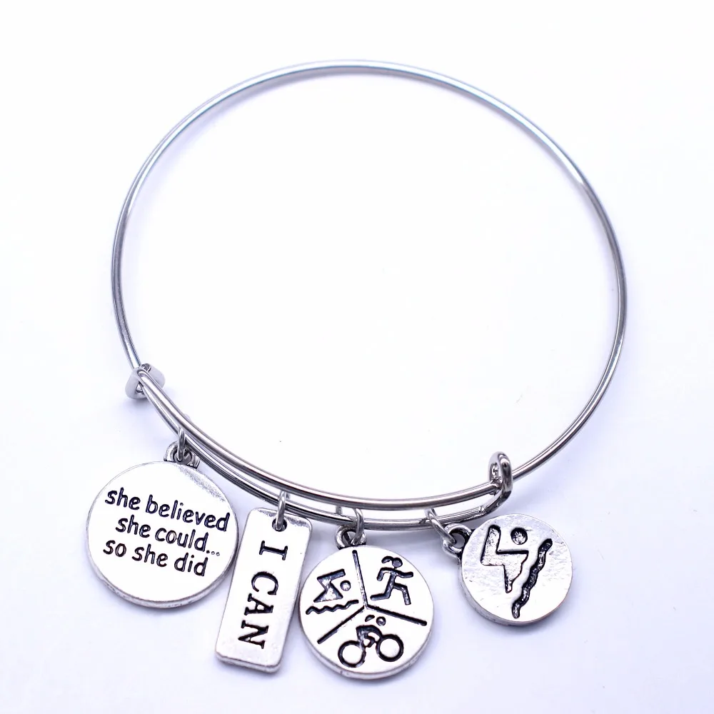 Custom Message Charms Accept She Believed Could So Did I Can Swim Bike Run Inspirational Expandable Wire Bangle |