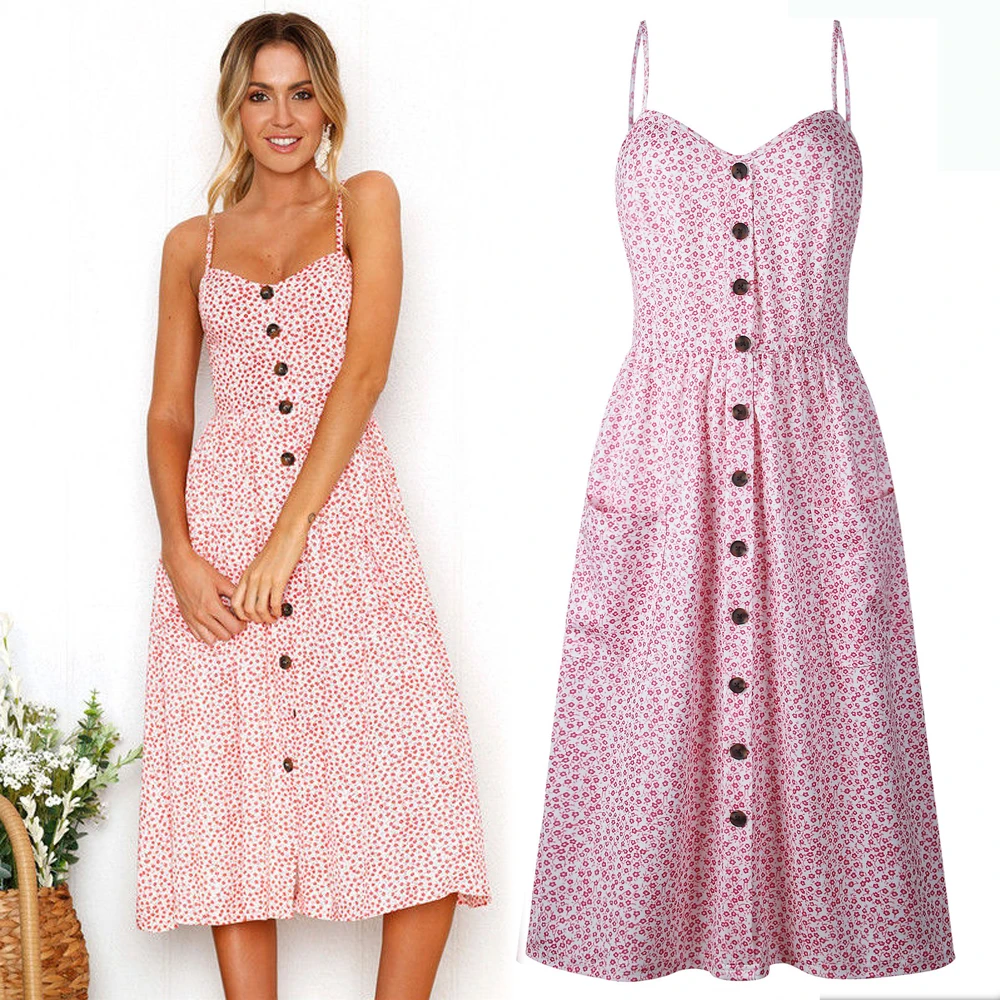 

Pink Dot Polka Off-shoulder Party Beach Sundress Spaghetti Midi Dresses Plus Size 2019 Summer Women Strap Dress Button Robe