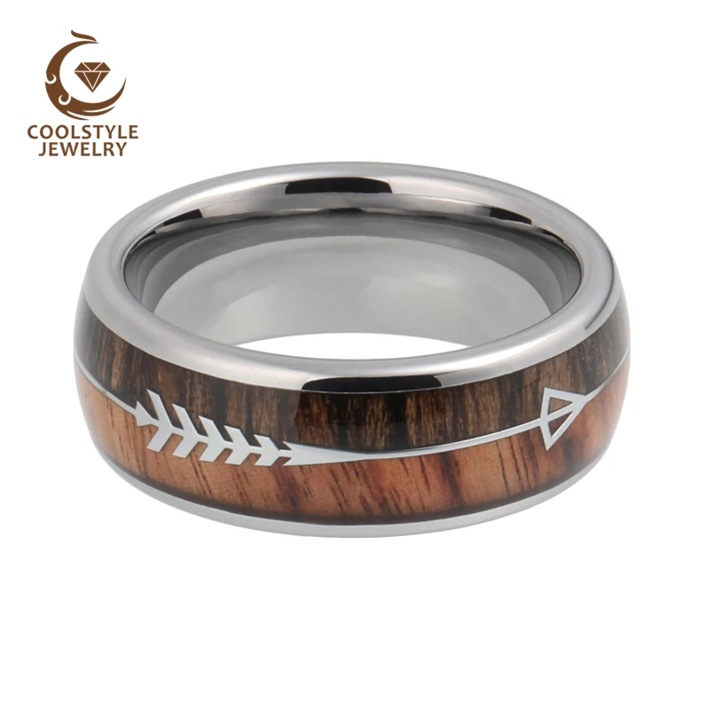 Preise 8mm Herren Hartmetall Ringe Womens Hochzeit Bands Koa Holz Pfeil Inlay Gewölbtem Poliert Glänzenden Comfort Fit