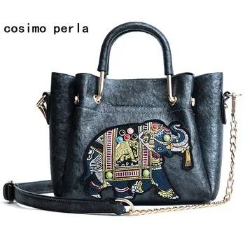 

New National Tote Bag Elephant Patch Women Leather Handbags Vintage Fashion Lady Top Handle Satchels Chains Shoulder Bags